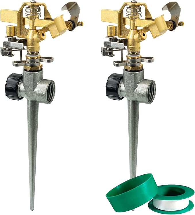 Hourleey 2 Pack Brass Impact Lawn Sprinklers for Yard, Heavy Duty Adjustable Pulsating Water Sprinkler Head with Aluminum Alloy Spike Base for Large Area Patio Garden