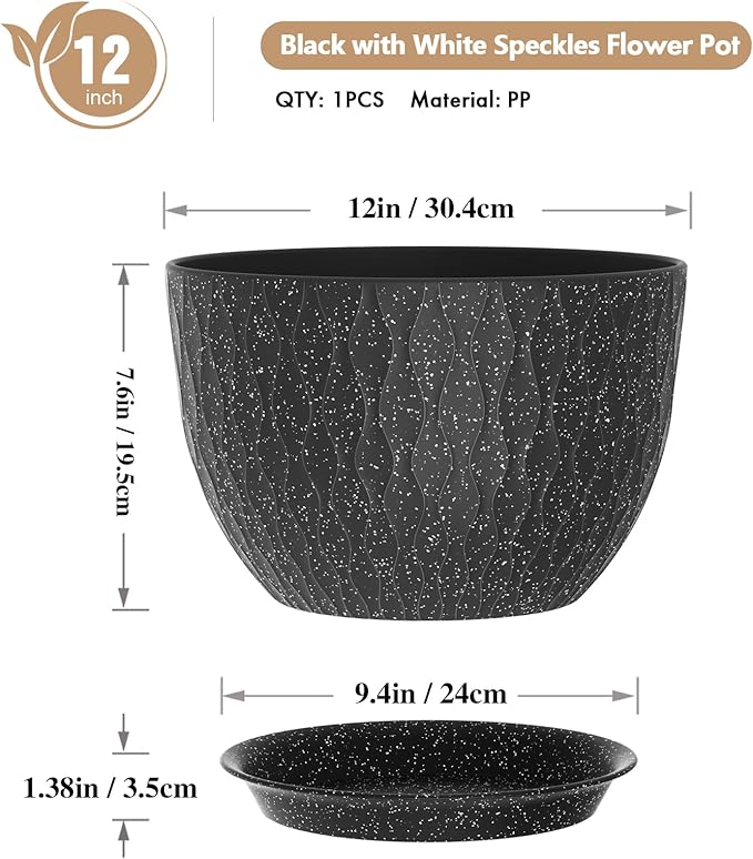 12 Inch Wide Water Ripples Flower Pots for Indoor or Outdoor Plants, Large Plant Pots with Drainage Holes & Saucer, Plastic Planters Set for Garden & Home Decor (Black with White Speckles)