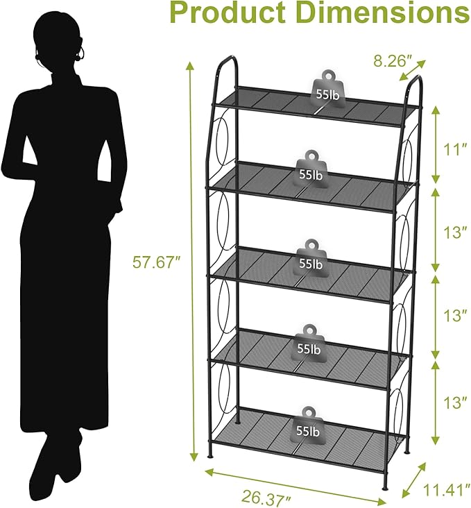 5 Tier Plant Stand Indoor Outdoor, Heavy Duty Plant Shelf, Metal Mesh Tall Plant Stands Holder Rack for Living Room Balcony and Garden, Black
