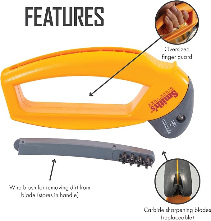 Smith’s 50582 Axe & Machete Sharpener - Axe, Machete, Hatchet, & Mower Tools - Large Handle w/ Finger Guard - Handheld Manual - Replaceable Carbide Blades - Wire-Bristled Cleaning Brush - Durable