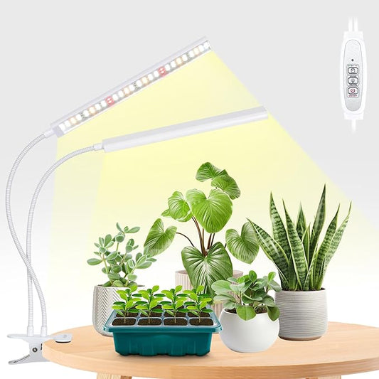 FOXGARDEN® Grow Lights for Indoor Plants Full Spectrum, Plant Lights for Indoor Growing with Timer 4/8/12 H, Dual-Head 104 LED Clamp Grow Lamp with Gooseneck, 4 Brightness Levels for Plant Growing