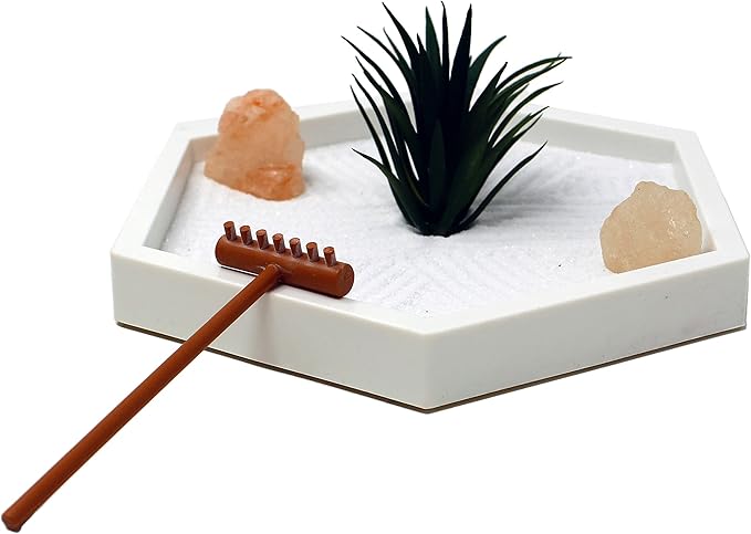 Nature's Mark Mini Zen Garden Kit for Desk with White Sand, Rake, White Base, Salt Rock and Air Plant (Hexagon)