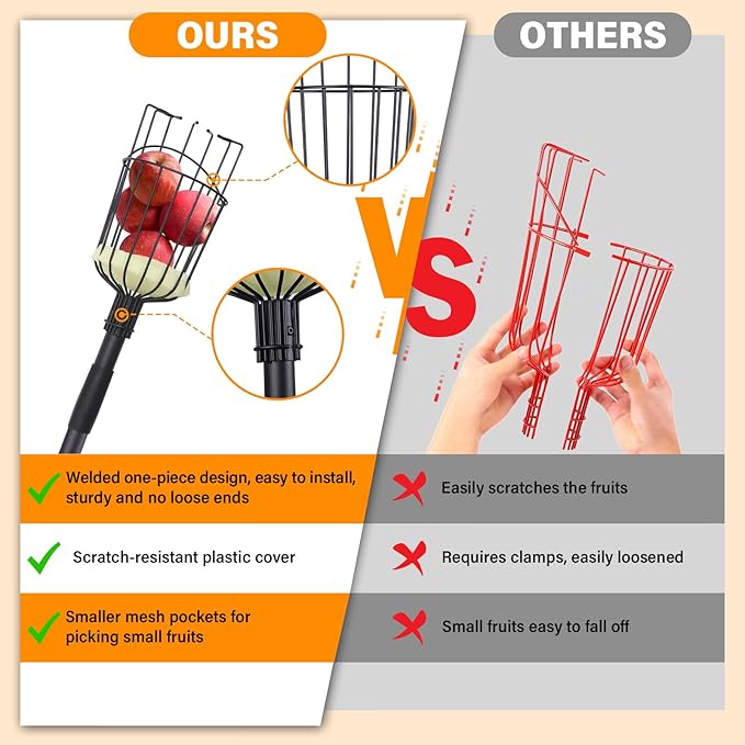 Fruit Picker Pole Tool with Basket, 9.6 FT (116 Inch) Adjustable Fruit Grabber Reacher Tool Long Handle Fruit Catcher for Apple Lemon Pear Citrus Mango Tree Gardening Supplies, Black