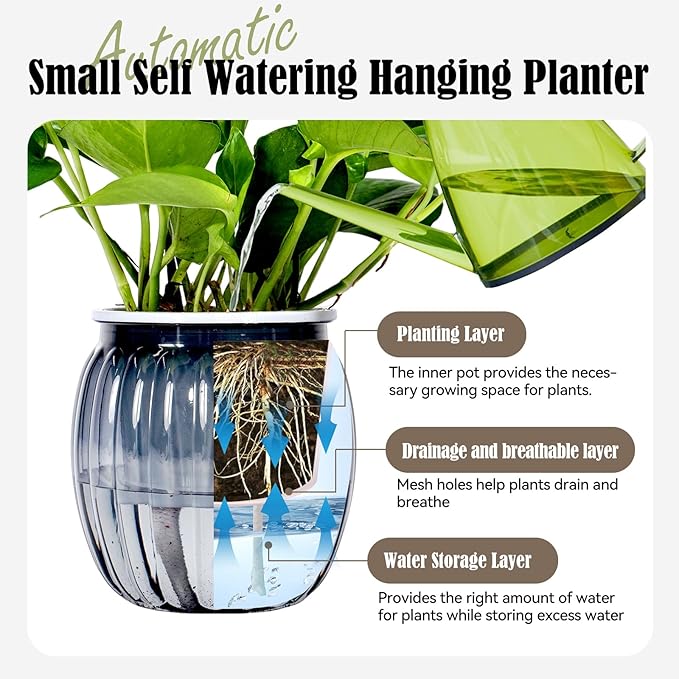 Small Hanging Planters Self Watering 5 Inch, 3 Set Hanging Plant Pot for Indoor Outdoor Plants, Hanging Flower Pots with Drainage Hole & 2 Kinds of Plant Hangers for Garden Home Decor