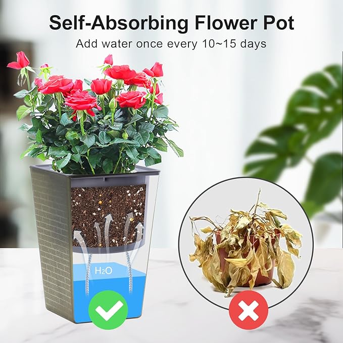 Self Watering Planter 2 Pieces 6 Inch, Plastic Flower Pots with Inner Pot Indoor Plants Brick Pattern Flowerpot for Indoor Plants, African Violets, Flowers, Herbs (Brown)