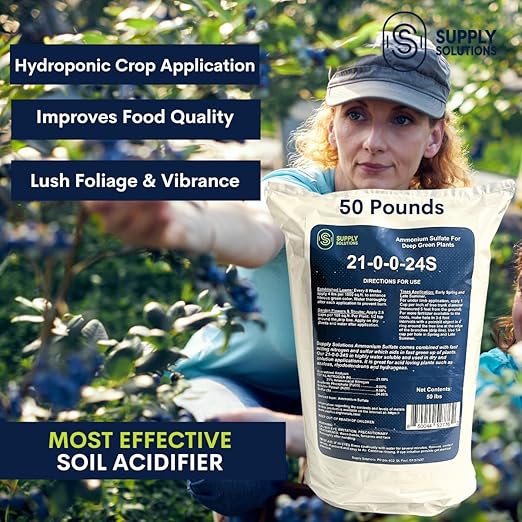 21-0-0-24S Ammonium Sulfate for Deep Green Plants - Soil Acidifier for Blueberry Blooms, Azalea and Magnolia Tree Fertilizer - Sulfur for Plants Nitrogen Fertilizer (50 Pounds)