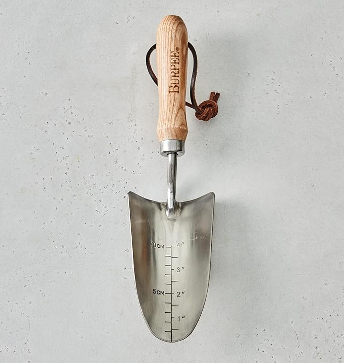 Burpee 13" Stainless Steel Trowel Durable Long Lasting Garden Tool Leather Wrist Strap 5" Handle, 10 Year Warranty, Oak