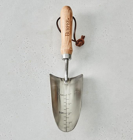 Burpee 13" Stainless Steel Trowel Durable Long Lasting Garden Tool Leather Wrist Strap 5" Handle, 10 Year Warranty, Oak