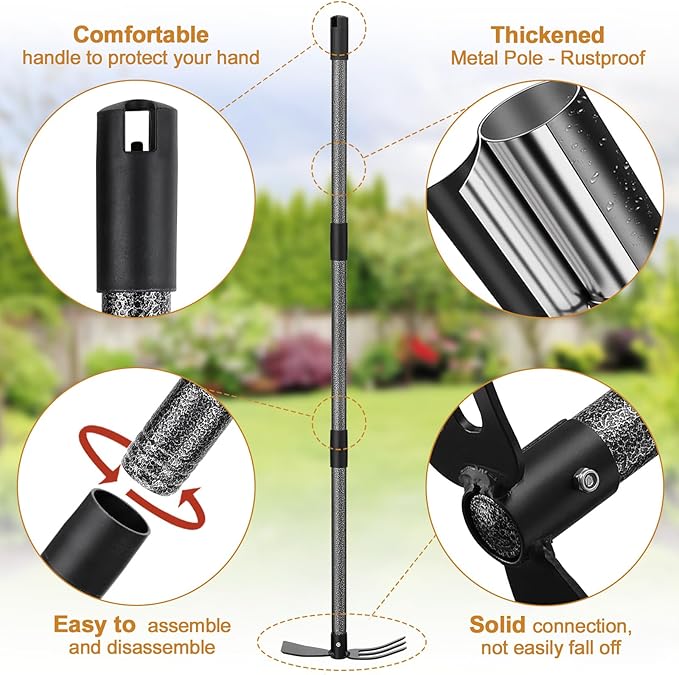 Hoe Garden Tool, Hoe Cultivator 2 in 1 Weeding Tools - 45" Long Handle Stand Up Weeder Hand Tiller, Heavy Duty Weeding Rake for Flower Beds Yard Lawn Gardening Digging Planting