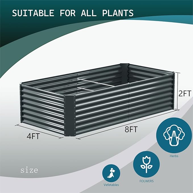 8x4x2ft Galvanized Raised Garden Bed Outdoor, Metal Garden Bed for Vegetables, Above Ground Garden Box for Flower, Steel Raised Beds for Gardening - Dark Gray