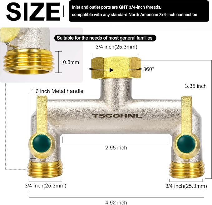 Heavy Duty Brass Garden Hose Splitter, 2-Way Faucet Splitter with 2 Extended Metal Handles, Outdoor Hose Splitter, GHT 3/4-Inch Heavy Duty Hex Female Inlet and 3/4-Inch Male Outlet, Nickel Plated