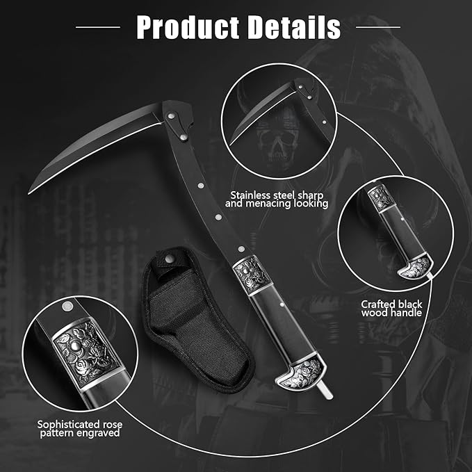 Black Sharp Folding Sickle Knife, Two Section Foldable Scythe Knife, Wooden Handle Folding Scythe Tool with Sophisticated Rose Pattern, Folding Kama Collection with Sheath