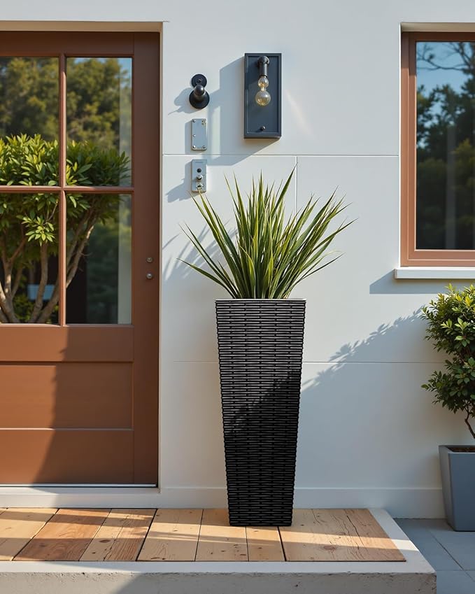 Greesum Large Tall Planter for Outdoors Plants, Set of 2, 24" Tall Plastic Flower Pots, Tapered Porch Planter with Drainage Holes for Patio, Backyard, Black