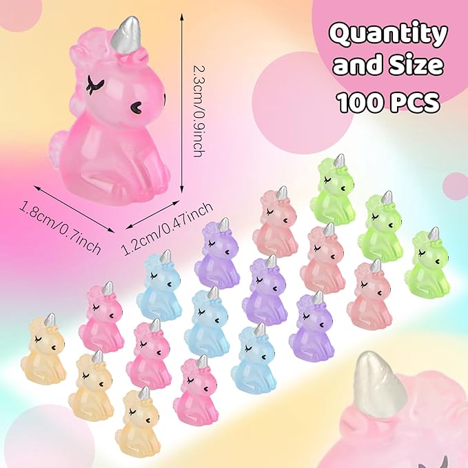 100 PCS Mini Resin Unicorn Luminous Tiny Unicorn Miniature Figurines Glow in The Dark Mini Resin Animals Suitable for DIY Cake Ornaments Crafts Moss Landscape Decoration