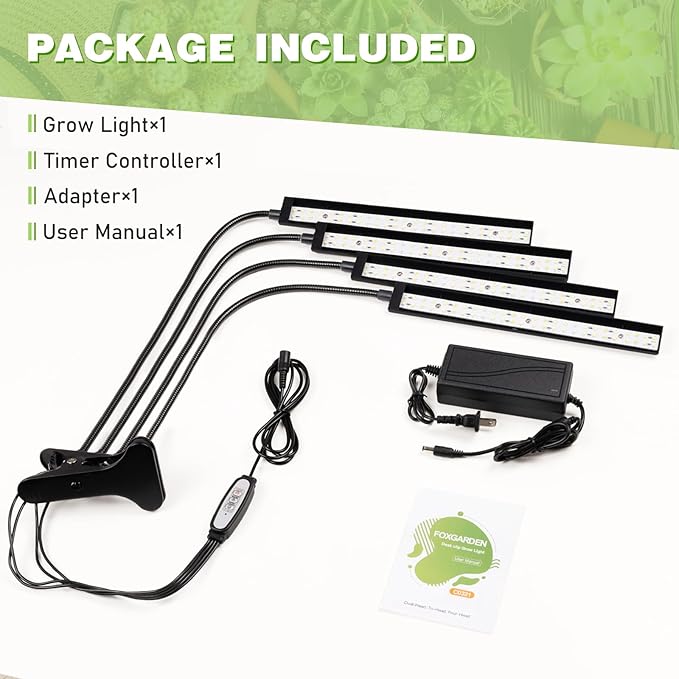 FOXGARDEN® Grow Lights Full Spectrum, Four-Head Plant Lights for Indoor Growing with Flexible Gooseneck, 208 LEDs Clip Grow Lamp with 4/8/12H Timer, 4 Brightness Levels, Ideal for Indoor Growth