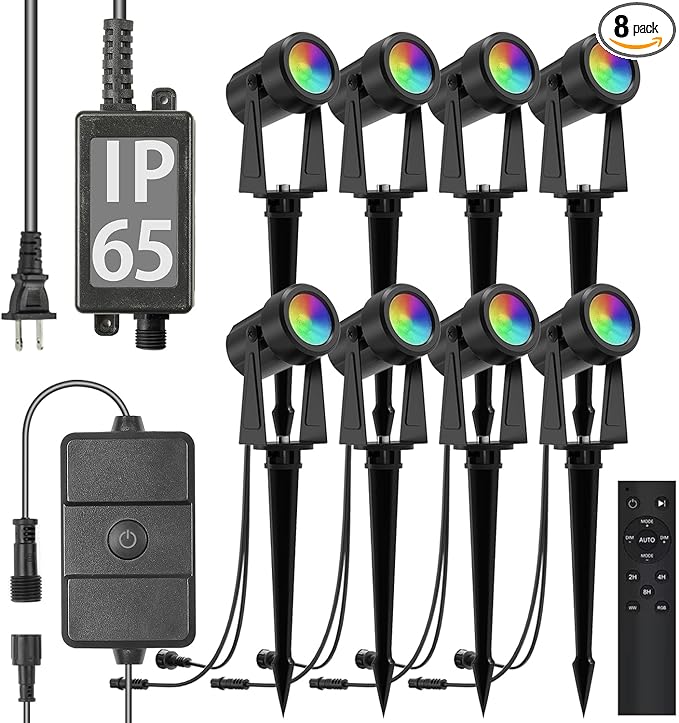 SUNTHIN Outdoor Landscape Lighting with Remote, RGBW Color Changing Spot Uplights, IP65 Waterproof & Connectable, 8 Pack