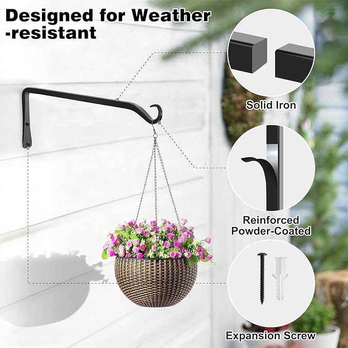 Gtongoko 2 Pack 12 Inch Metal Plant Hangers Wall Hooks for Hanging Plant Brackets, Outdoor Hooks for Hanging Bird Feeders, Flower Baskets, Lanterns, Wind Chinme, Solar Lamps