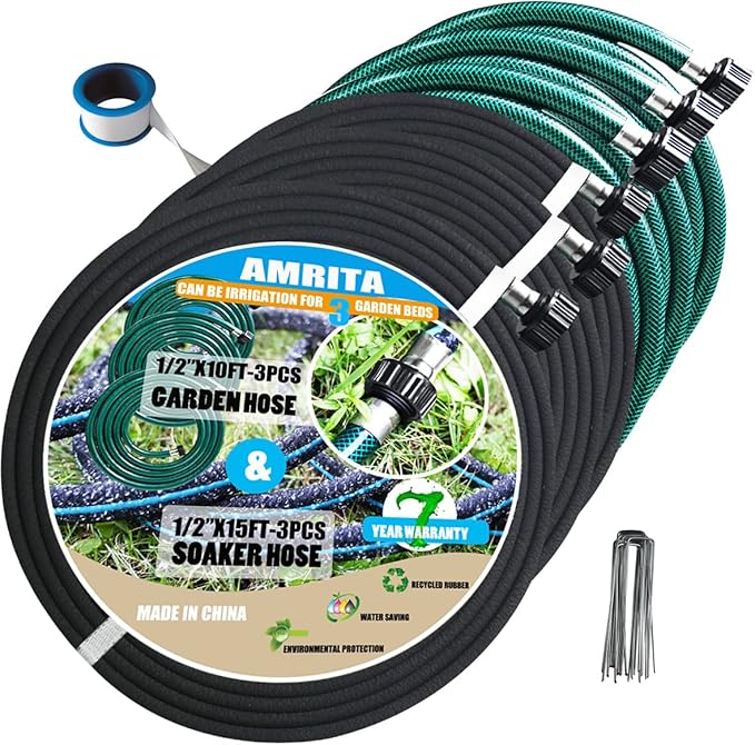 AMRITA Soaker Hose Kit 1/2 inch 15ft Soaker Hose (3Pack) and1/2 inch 10ft PVC Garden Hose(3Pack), Great for Garden Beds,Vegetables,Flowers(1/2-45ft+30ft)