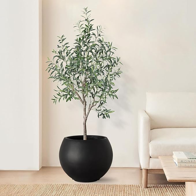 17 H x 21" Dia (15" Pot Opening) Black Round Fiberstone Tall Planter with Drainage Hole, Indoor/Outdoor Large Plant