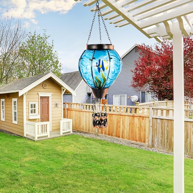 Blue Fish Hot Air Balloon Solar Lantern with Flickering Flame Light,Glass Hanging Solar Lanterns Outdoor Waterproof,Hot Air Balloon Decorative Lights for Patio Yard Porch Garden Gift for Women