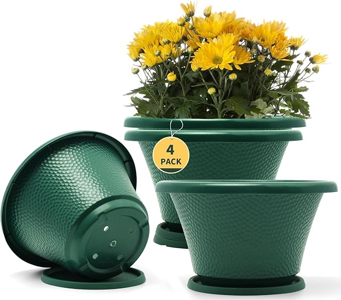 Quarut 12 Inch Plant Pot,4 Pack Large pots for Plants,Flower Pots with Drainage Hole & Saucer,Modern Planters for Indoor Outdoor Plants,Decorative Resin Garden Pots,Green