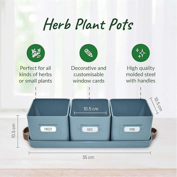 Herb Planter Indoor - Set of 3 Teal Blue Indoor Herb Garden Pots for Plants with Leather Handled Tray - Window Sill Plant Shelf - Herb Pots with Drainage Holes and Labels