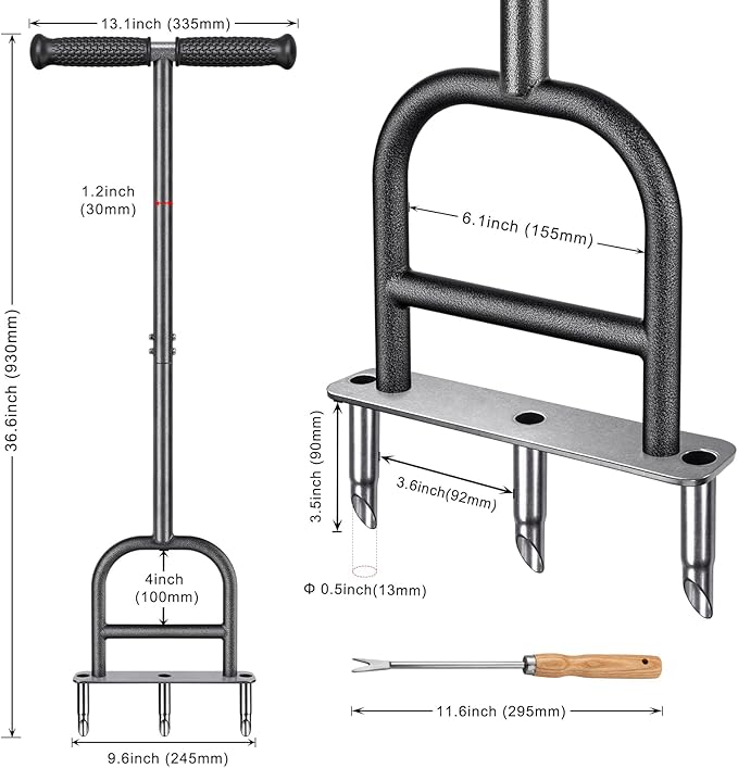 Dolibest Lawn Coring Aerator, Manual Lawn Aerator, 3 Stainless Steel Corer Plug Aerator with Soft Rubber Grip, Pre-Assembled Manual Grass Aerating Tool & Cleaning Hand Tool for Improving Lawn Health