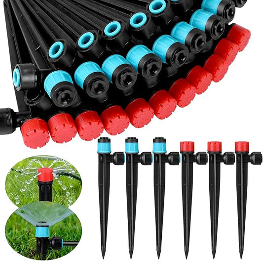 100 Pcs Drip Irrigation Emitters for 1/4" Tubing 50 Micro Irrigation Emitters Sprayer 50 Adjustable 360 Degree Water Flow Drippers for Garden Irrigation System(Red, Blue, Fast Connect)
