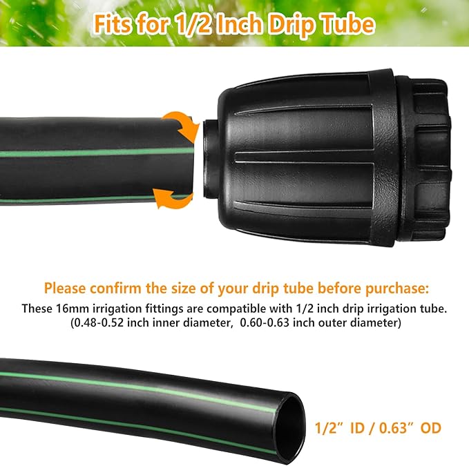 Drip Irrigation Fittings for 1/2 inch Tubing (0.60"-0.63" OD), 12 Pieces Barbed Locked End Plug Connectors, End Caps Drip Line Nuts Connectors for Drip Irrigation Hose (13mm ID)(Black)