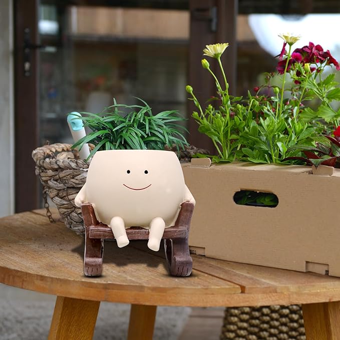 Smile Face Rocking Chair Planter Pot for Indoor Outdoor Plants, Unique Sit Rocking Chair Succulent Flower Pots, Cute Head Planters with Drainage Hole - Gift IdeaI for Mother and Grandma