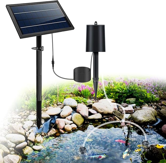 Lewisia 8W Solar Pond Aerator with Built-in 2400mAh Battery Backup, 3 Working Modes, 2 Air Stones, Solar Air Pump for Pond Fish Tank Hydroponics Bubble Oxygenator
