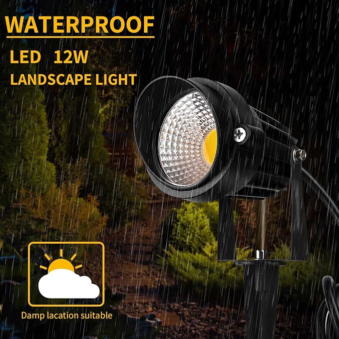 Warm White Spotlight, 12W 3000K Landscape Spot Lights, IP65 Waterproof Garden Lighting, Metal Case COB LED Lights for Lawn Lamp US 3- Plug Yard Christmas Decoration with Stakes(1 Lights)