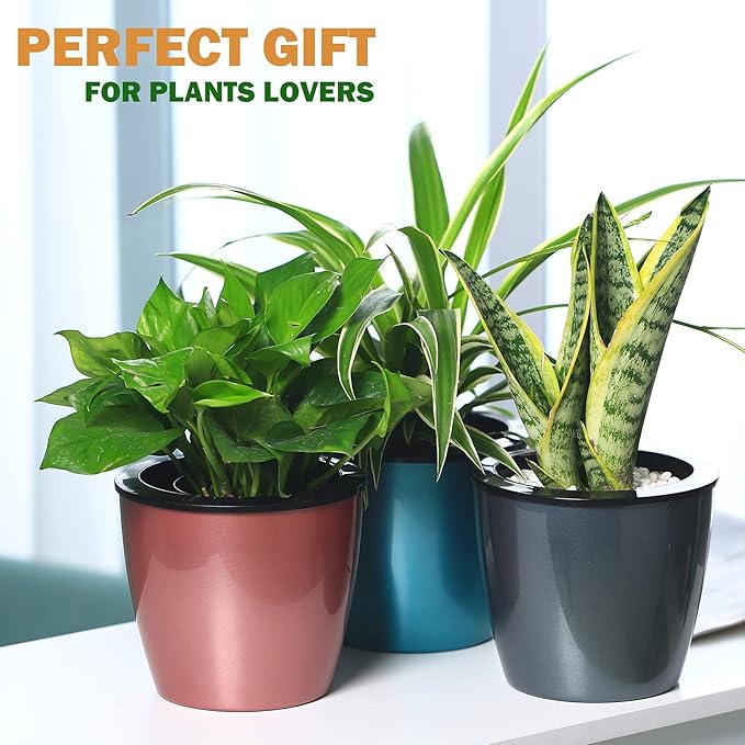 Planterhoma 6.7 Inch Self Watering Pots for Indoor Plants, 6 Packs African Violet Pots with Black Wick Pots, Self Watering Planters for Devil's Ivy, Indoor Plant Pots, Silver/Rose Gold