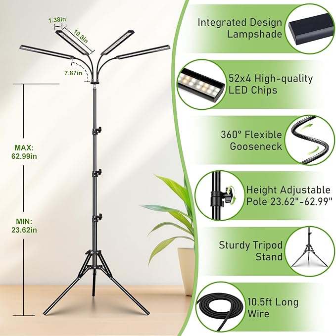 FOXGARDEN® Grow Lights for Indoor Plants Full Spectrum with Tripod Stand, Tall Plant Lights for Indoor Growing with Flexible Gooseneck, Four-Head Grow Lamp with 4/8/12H Timer & 4 Brightness Levels
