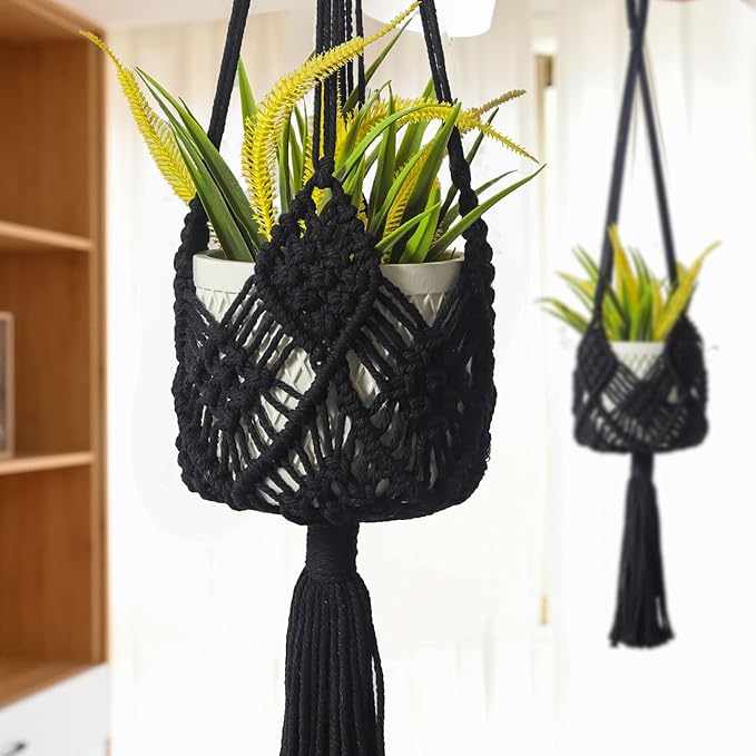 Hanging Planter with Patterns,2Packs Macrame Plant Hangers Indoor Macrame for up to 8 inch Pot Crochet Boho Plant Hanger Holder for Indoor Outdoor with 2S Shaped Stainless Steel Hooks (Black)