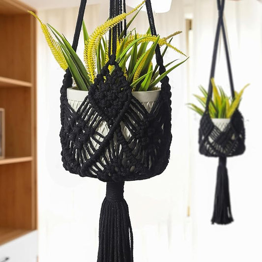 Hanging Planter with Patterns,2Packs Macrame Plant Hangers Indoor Macrame for up to 8 inch Pot Crochet Boho Plant Hanger Holder for Indoor Outdoor with 2S Shaped Stainless Steel Hooks (Black)