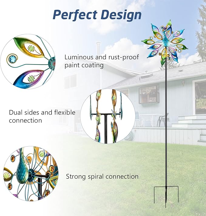 DREAMYSOUL 15.7" D*65”H Metal Peacock Wind Spinners Double Sided Kinetic Wind Sculptures Outdoor Metal Windmill for Garden Yard Decor
