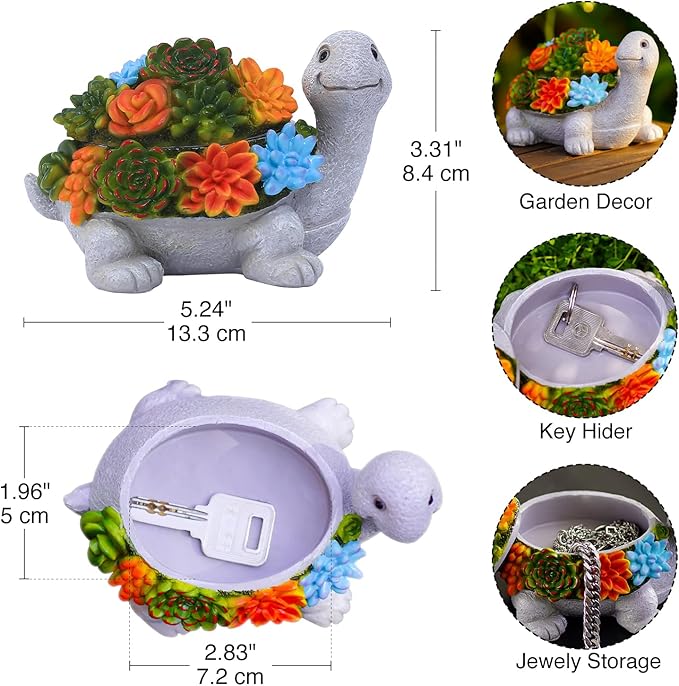 Outdoor Turtle Key Hider Statue - Cute Succulent Turtle Hide a Key Outdoor Decorative - Small Gift Box for Women, Home Decor & Turtle Gifts (Turtle)