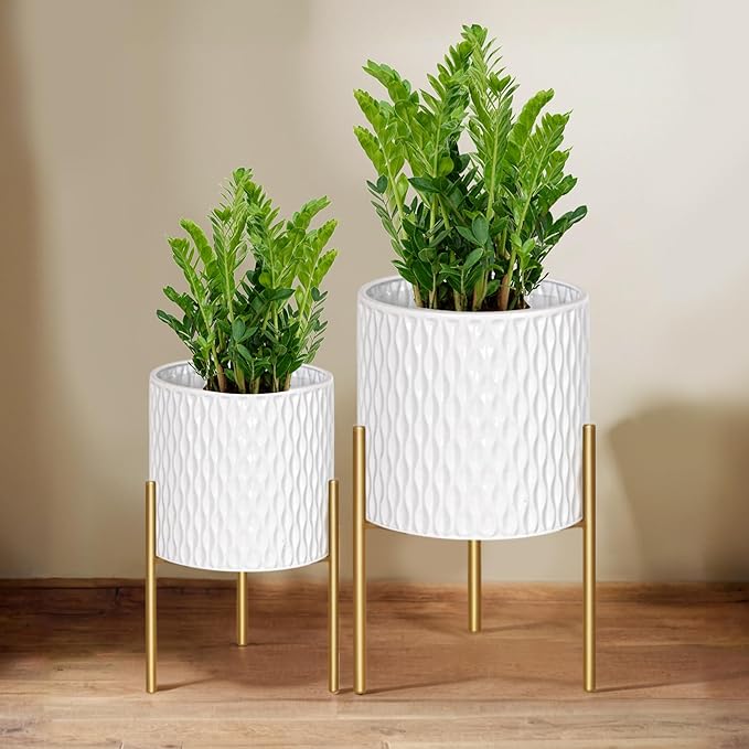 ARNIS Plants Pots with Stand, Set of 2 Planters, Unique Mid Century Decorative Metal Flower Pots with Drainage, 10.5 & 12.25 Inch, White and Gold