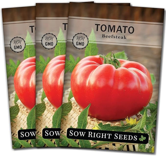 Sow Right Seeds - Beefsteak Tomato Seeds for Planting - Non-GMO Heirloom Packet with Instructions to Plant a Home Vegetable Garden - Indeterminate, Super Large and Bright Red Fruits (3)