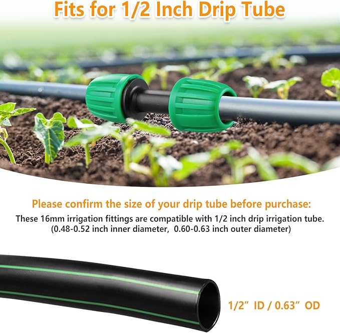 Drip Irrigation Fittings for 1/2 inch Tubing (0.60"-0.63" OD), 16 Pieces Barbed Coupling Drip Parts Locked Coupler Connectors, Drip Line Nuts Connectors for 1/2" Drip Irrigation Hose (13mm ID)