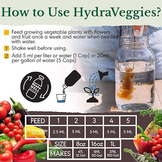 HydraVeggies Tomato & Vegetable Garden Fertilizer - with Sea Kelp to Stimulate Root & Fruit Growth - All Purpose Liquid Plant Food Nutrient For Indoor and Outdoor Gardens & Hydroponics NPK 2-6-4 16 oz