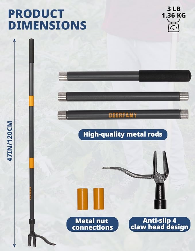 DEERFAMY Stand Up Weed Puller Tool with Long Handle, Garden Weeder Tool with 4-Claw Steel Head Design, Manual Weeder with 3-Metal Structure, Effortless Weeding Without Bending, for Dandelions, Orange