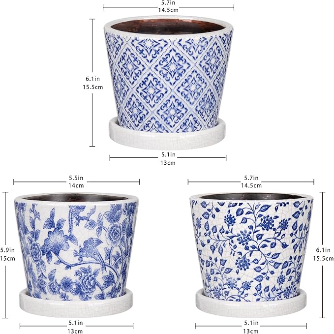 Set of 3 Decorative Plant Pots Blue and White Flower Pot, Round Ceramic Planters for Indoor Plants Pots with Drainage Hole Saucers, Retro Planter Pot for Succulents Cactus Outdoor Garden, 5.5/5.7 Inch