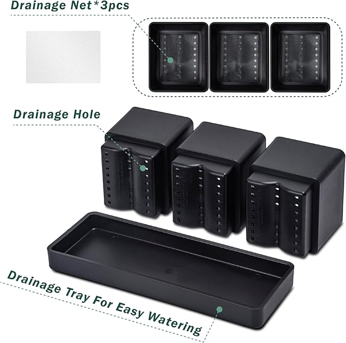 D'vine Dev Herb Garden Planter Set, Plastic Plant Pots with Drainage and Saucer, Indoor Succulent Cactus Vegetable Pot for Windowsill, Garden Balcony, Black, Set of 2, 76-V-B-2