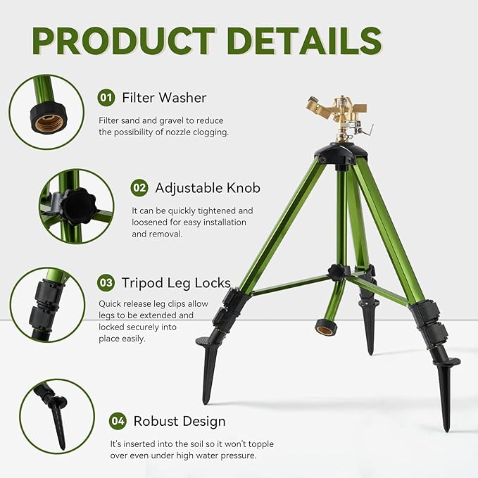2 Pack Tripod Sprinklers for Yard,Nalupatio Impact Sprinkler on Tripod Base,Heavy Duty Brass Sprinklers,270 Degree Large Area Irrigation,3/4 Inch Connector Sprinkler with Legs Flip Locks for Lawn/Yard