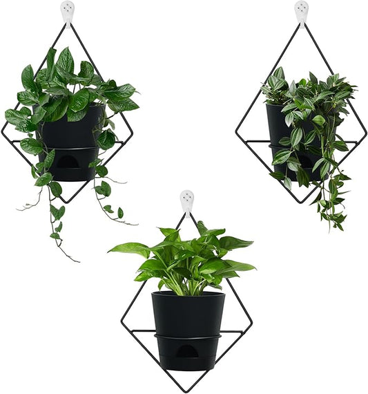 3 Sets of Wall Planters for Indoor Plants, Hanging Wall Planter with Black Metal Holder, Geometric Self Watering Wall Flower Pots, Wall Mounted Succulent Planter, 5" Black Plant Pot