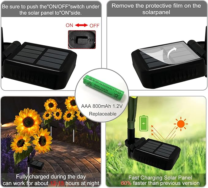 2 Pack Sunflower Solar Lights Outdoor Decor with 3 LED Sunflower Yellow Flower Lights Decorative Waterproof for Patio Lawn Garden Yard Pathway Decoration