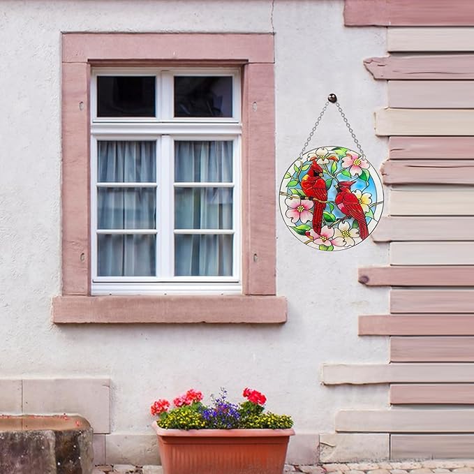 AUFURI Large Size Cardinal Suncatcher - 8.6 inch Stained Glass Window Hanging - Pairs of Red Cardinal Birds - Cardinal Gifts for Women, Hand Painted Glass Cardinal for Birds Lover, Window (8.6inch)