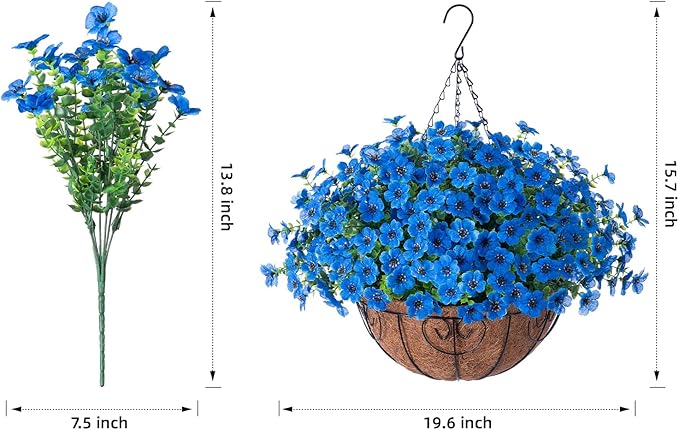 Artificial Fake Hanging Plants Flowers with Basket Outdoor Decor Faux Silk Daisy Flower Arrangements in Pot Planter for Porch Home Indoor Patio Garden Yard Decoration, Blue